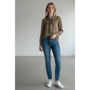 Michael Kors Women's Animal Print Bow Tie Blouse Long Sleeve Brown Medium